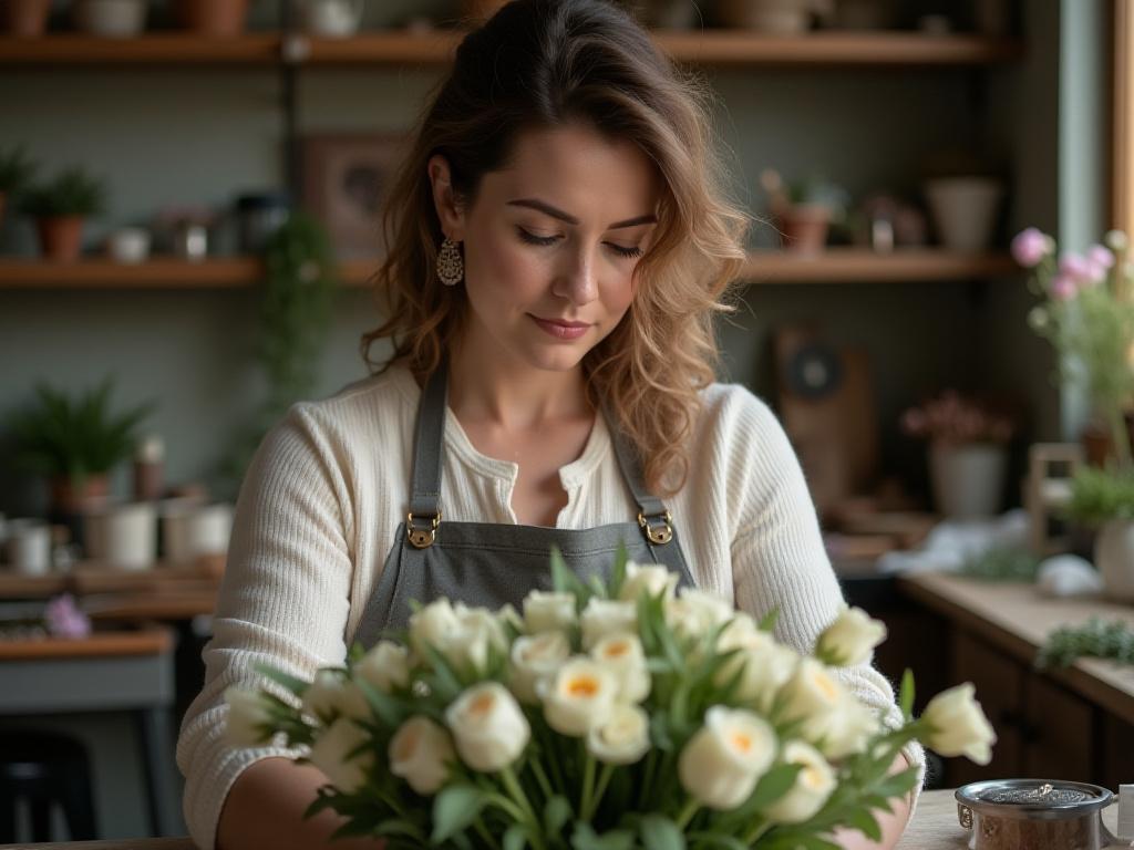 The founder of Apsara Flora carefully arranging a bouquet in the workshop.