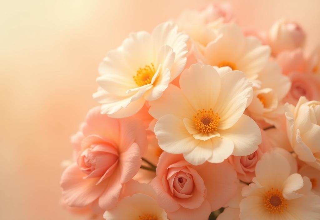 A lush, artistic bouquet of flowers in soft, warm tones.