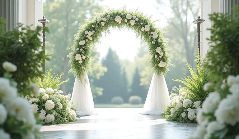 A beautiful wedding arch decorated with white and green florals.