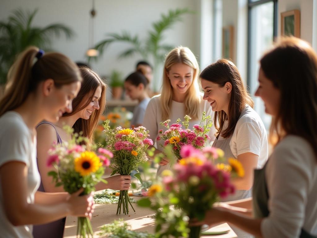 Happy attendees smiling and holding their creations during a floral workshop.